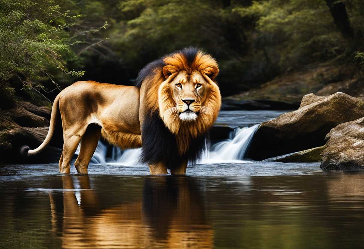A-lion-with-a-flowing-mane-drinks-from-a-serene-brook-exuding-strength-and-beauty_ypyv