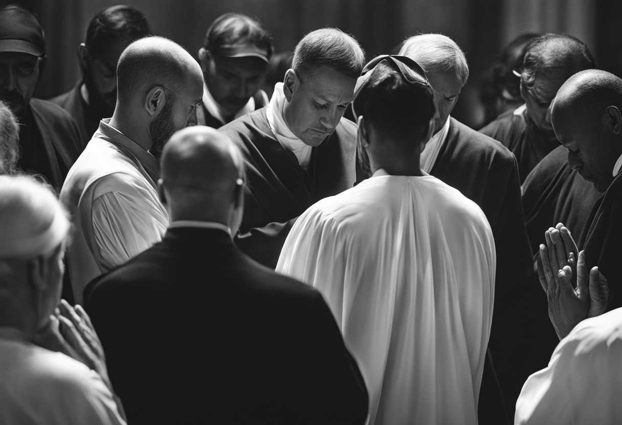 People-in-prayer-circle-heads-bowed-hands-clasped-serene-atmosphere-candid-moment-black-and-whi_vcmc