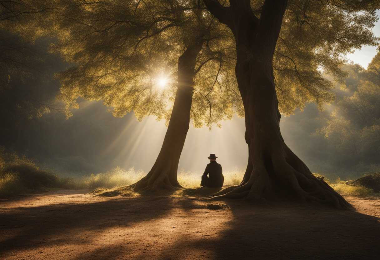 A-person-sits-under-a-tree-in-a-tranquil-forest-basking-in-warm-sunlight_habo