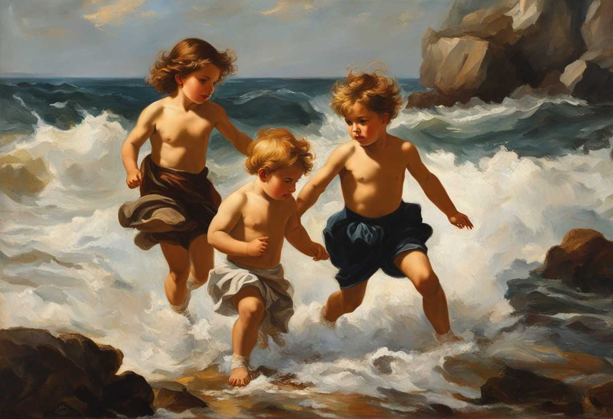 Children-playing-on-rocky-shore-frozen-in-carefree-joy-surrounded-by-crashing-waves-and-warm-sunli_cvoc