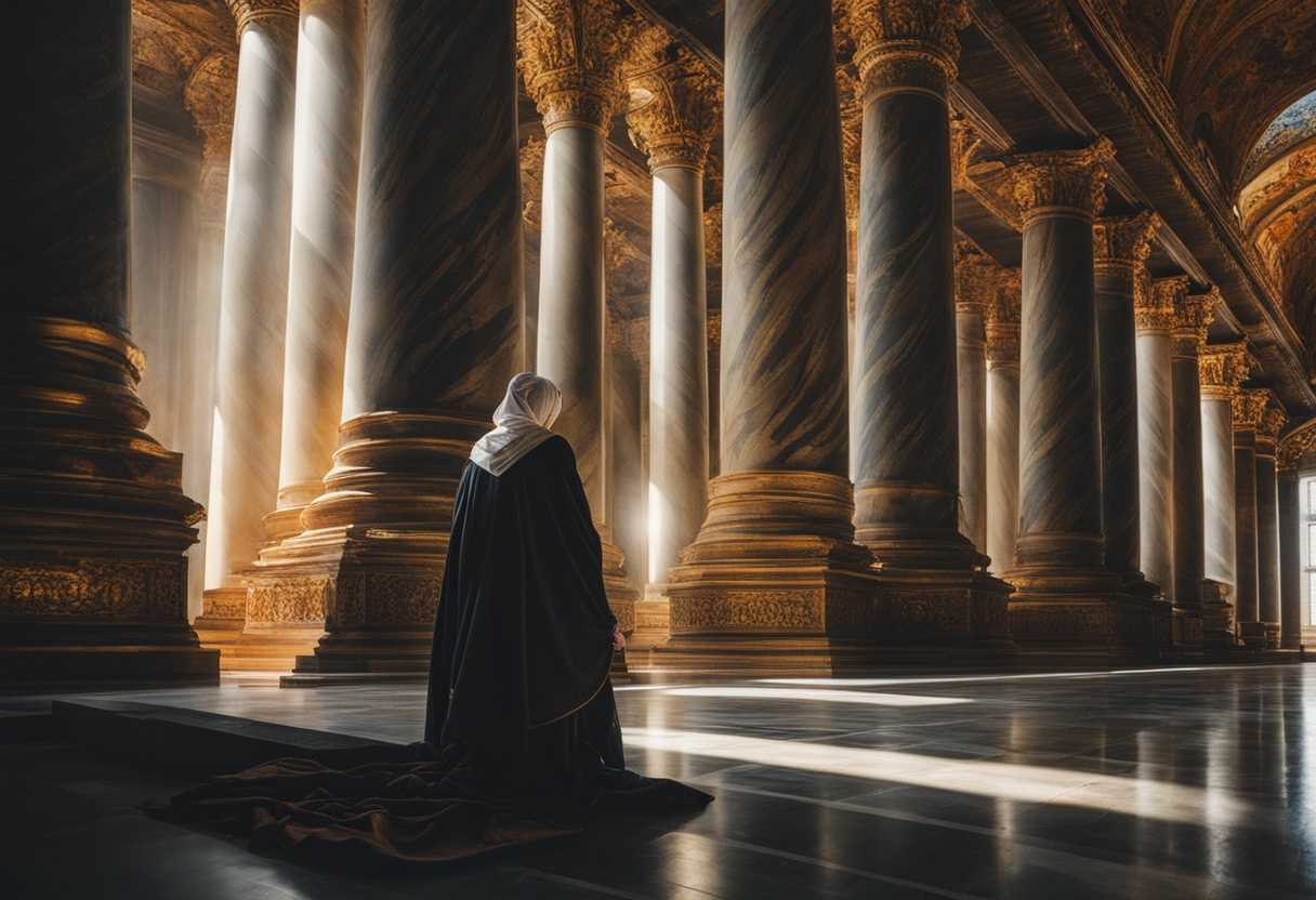 A-person-in-humble-attire-bows-before-a-majestic-temple-radiating-reverence-and-spiritual-connectio_zelt