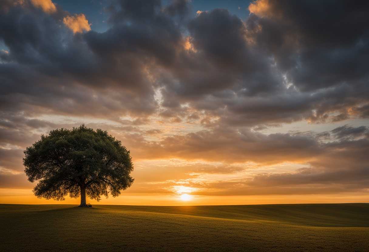 A-lone-tree-stands-tall-in-a-serene-landscape-its-branches-reaching-towards-the-setting-sun_auds
