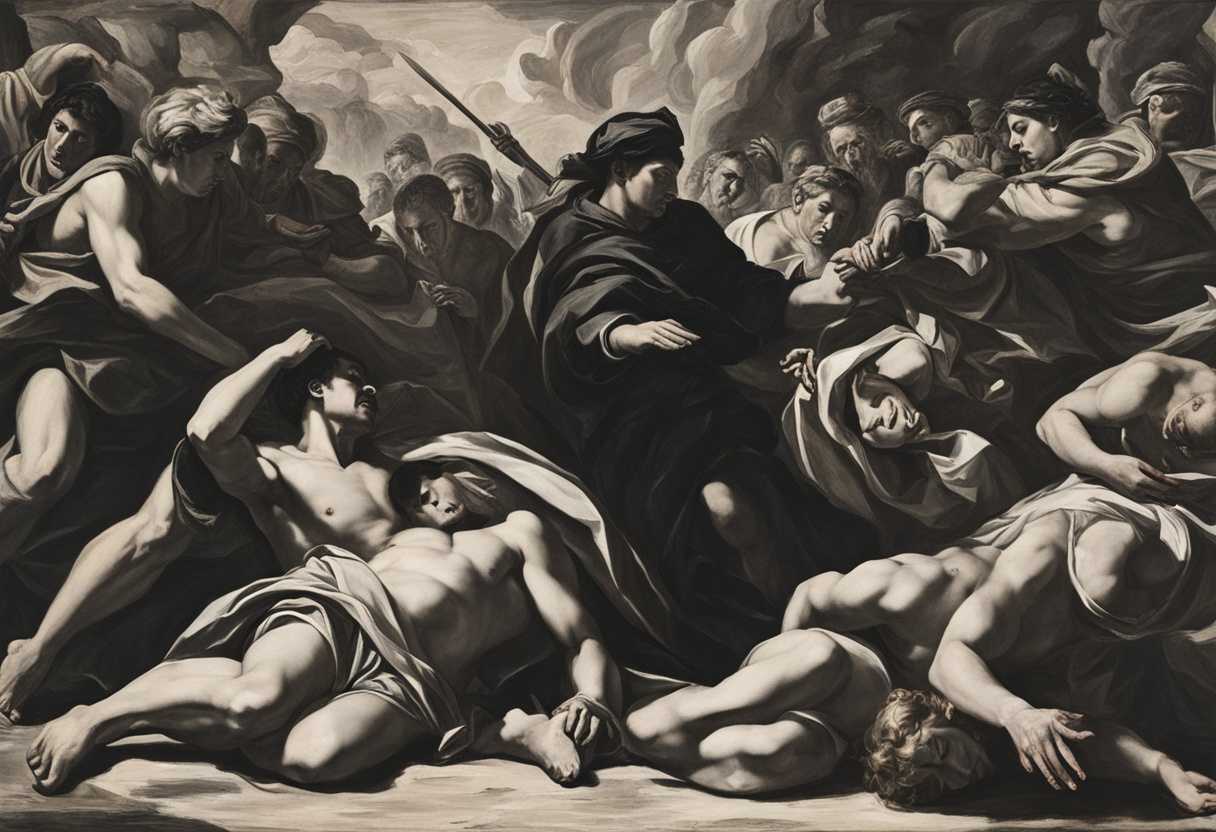 A-person-surrounded-by-menacing-figures-vulnerable-and-pleading-for-protection-in-a-tense-moment_bswi