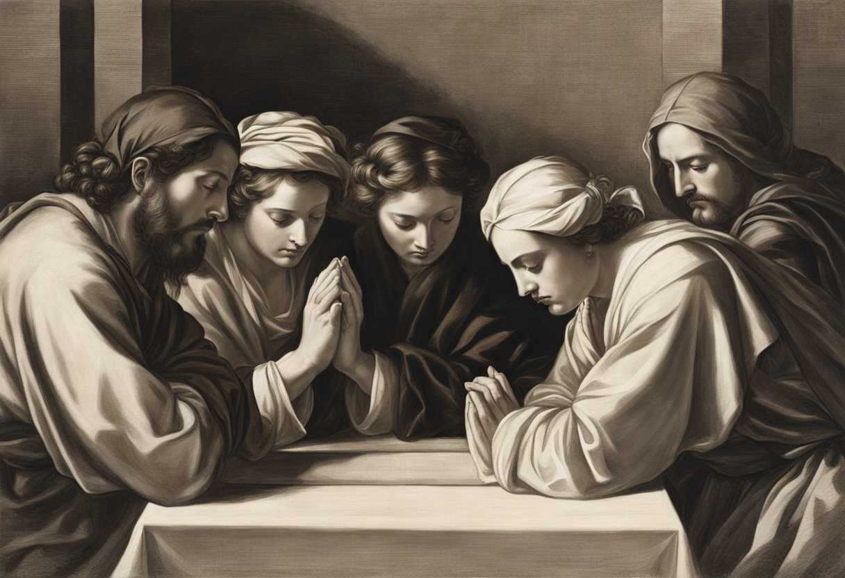 A-group-of-individuals-in-prayer-heads-bowed-hands-clasped-bathed-in-warm-light_vgct