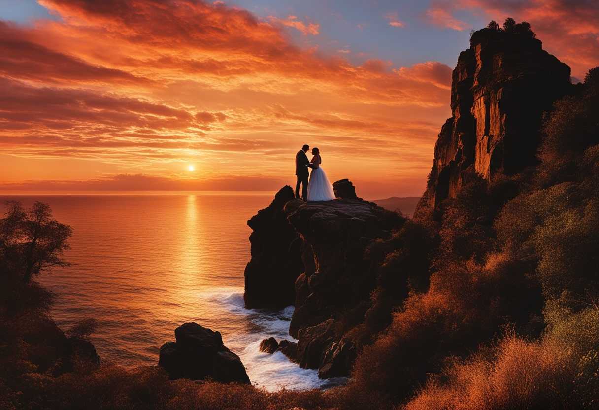 A-couple-embraces-on-a-rocky-cliff-at-sunset-silhouetted-against-a-vibrant-sky_bbdd