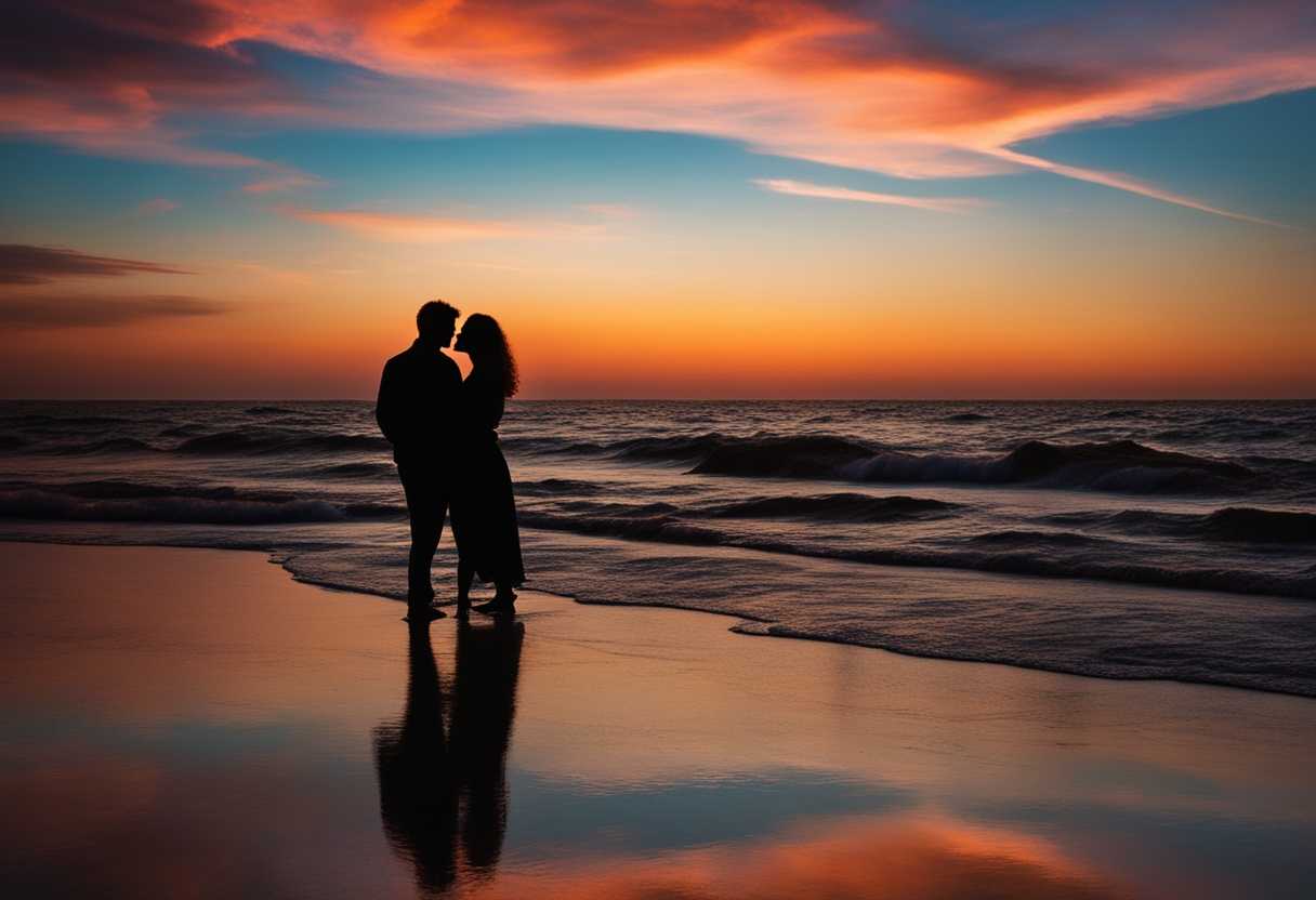 Couple-embraces-on-beach-at-sunset-silhouetted-against-colorful-sky-in-intimate-timeless-moment_btgg