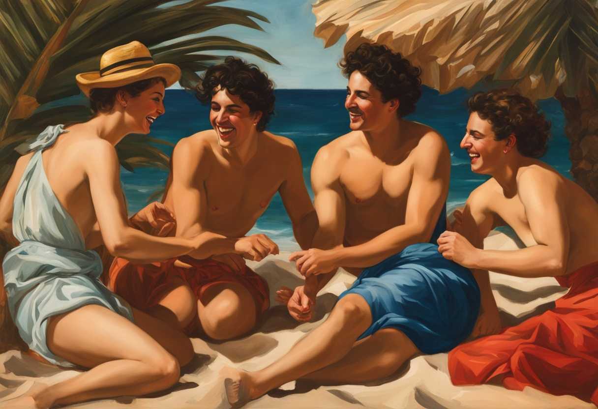 Friends-in-vibrant-beachwear-play-games-laugh-in-a-tight-circle-under-the-sun_mmjh