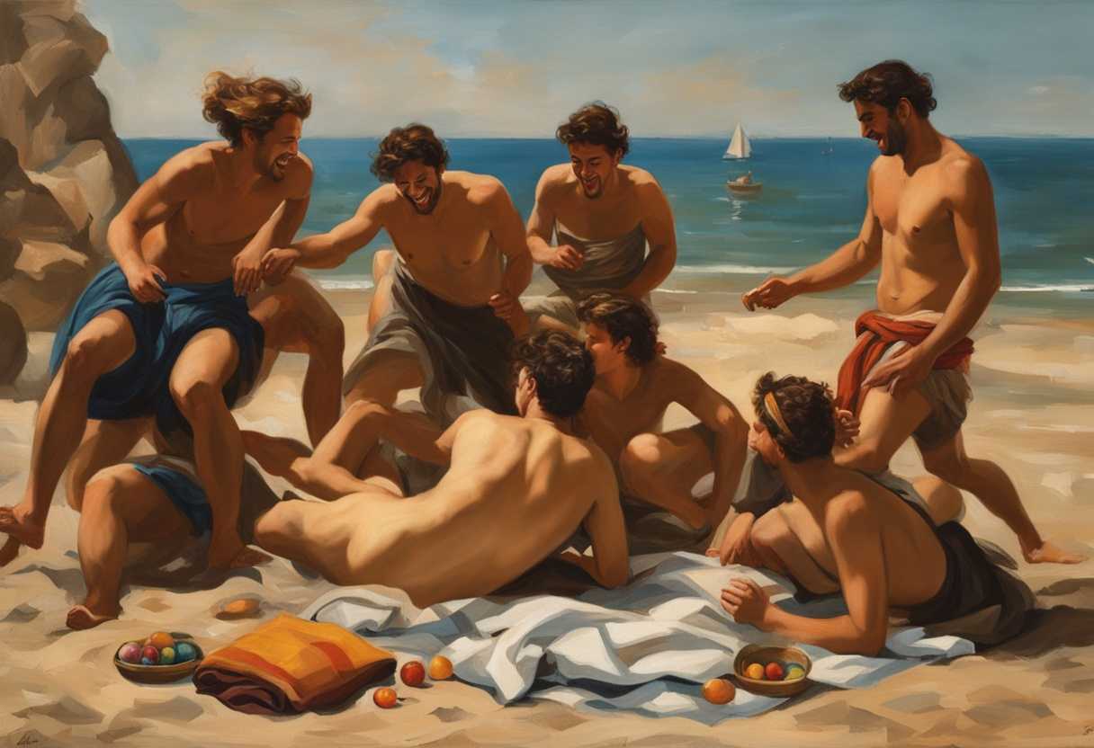 Friends-laughing-and-playing-beach-games-colorful-towels-genuine-connection-carefree-atmosphere_noum