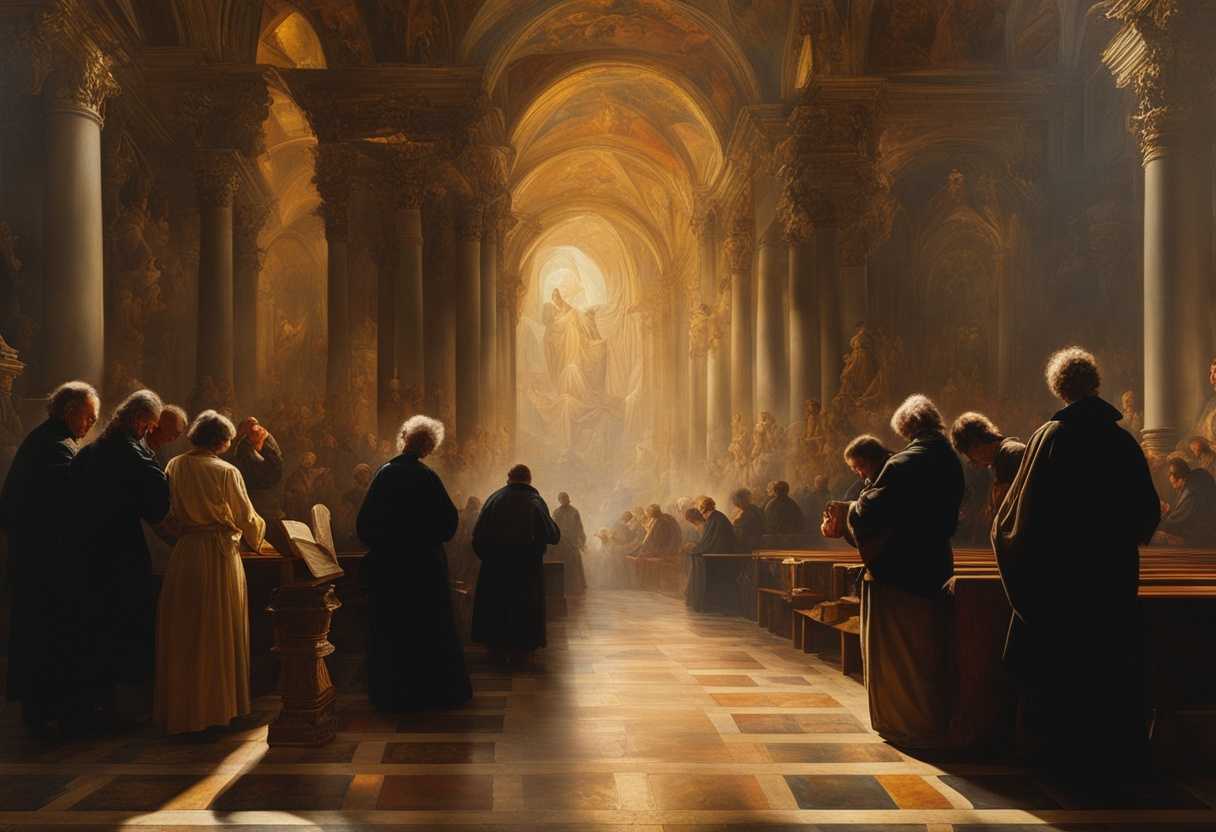 People-in-a-peaceful-church-heads-bowed-in-prayer-surrounded-by-warm-light-and-stained-glass_apyk