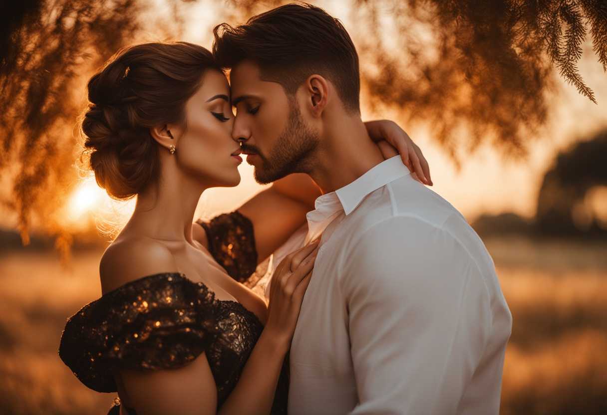 Couple-sharing-a-tender-kiss-in-golden-sunset-light-exuding-genuine-affection-and-timeless-romance_dfjb