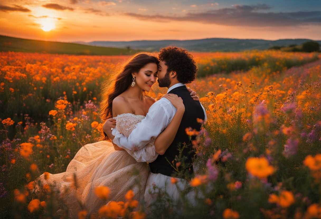 Couple-embraces-in-vibrant-wildflower-field-at-sunset-exuding-genuine-affection-and-serenity_mduk