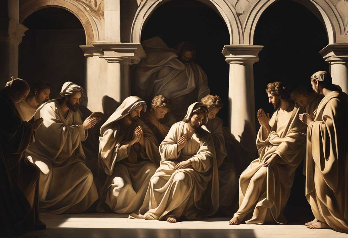 Photo-Light-illuminates-righteous-figures-praying-with-hope-while-shadows-conceal-stern-faced-evil_slgv