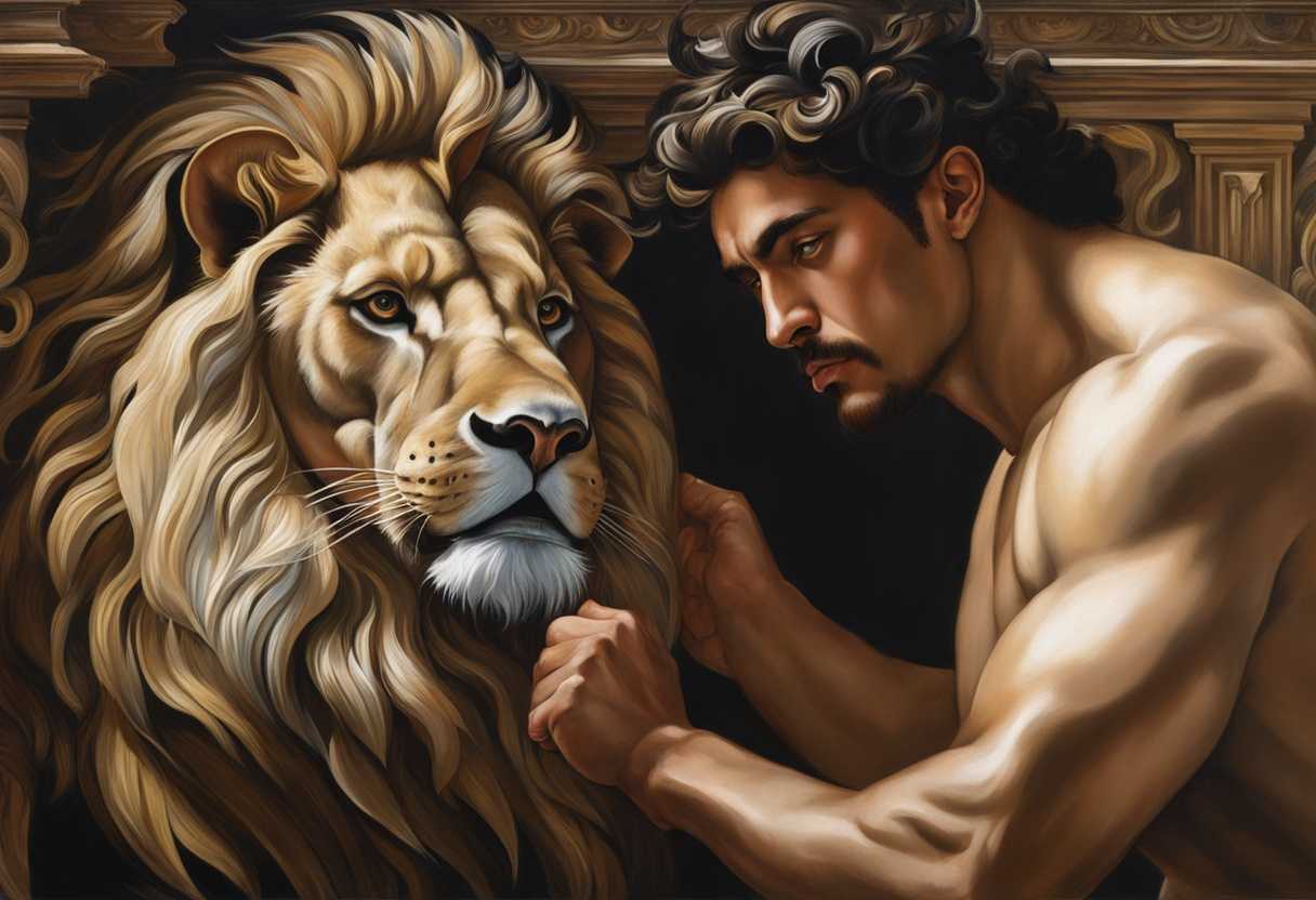 A-man-and-lion-lock-eyes-in-a-powerful-fearless-display-of-strength-and-trust_uopb
