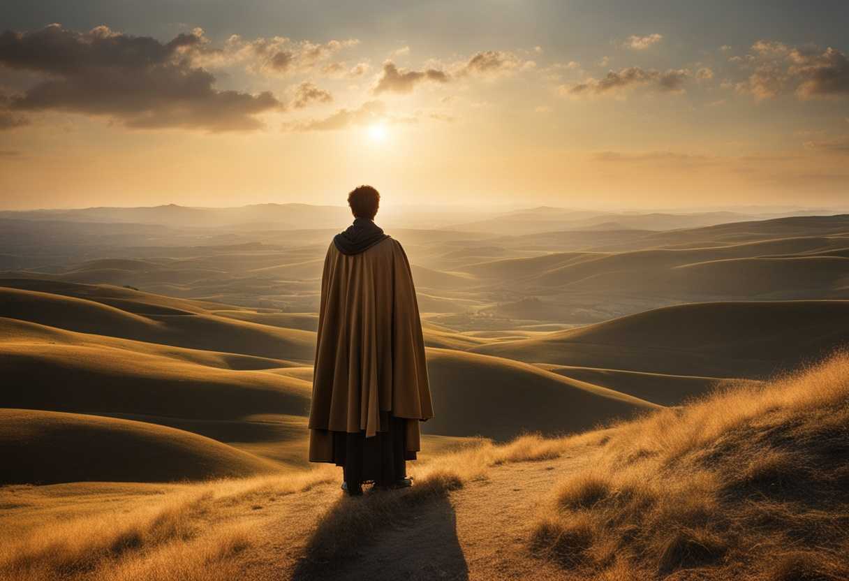 Person-standing-in-vast-landscape-gazing-at-horizon-bathed-in-golden-light-feeling-peace-and-awe_wrln