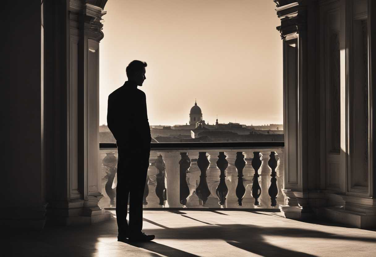 A-man's-elongated-silhouette-merges-with-his-shadow-at-sunset-evoking-mystery-and-contemplation_cevk