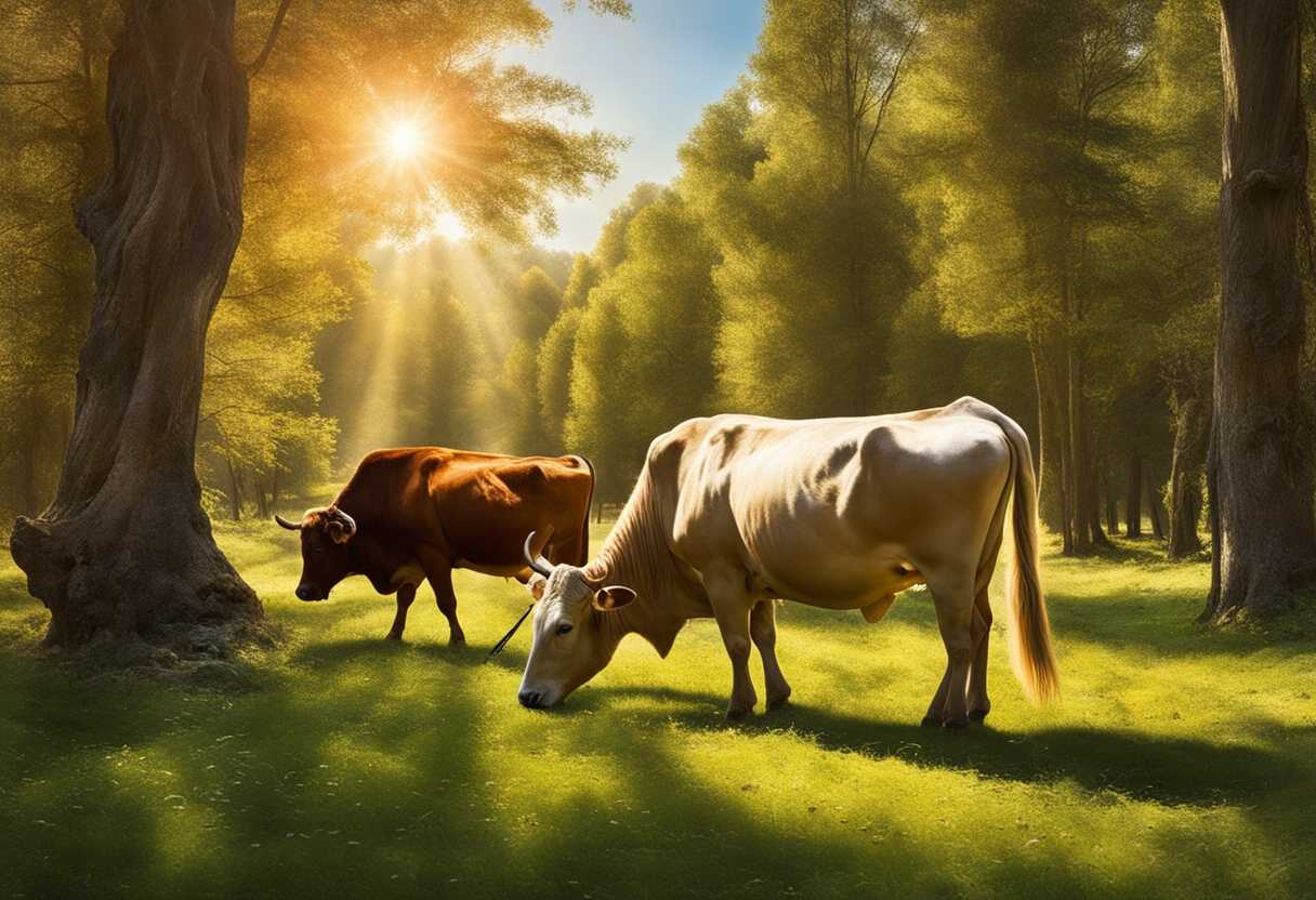 Majestic-cattle-grazing-in-a-sunlit-forest-frozen-in-graceful-strides-under-dappled-sunlight_hcwq