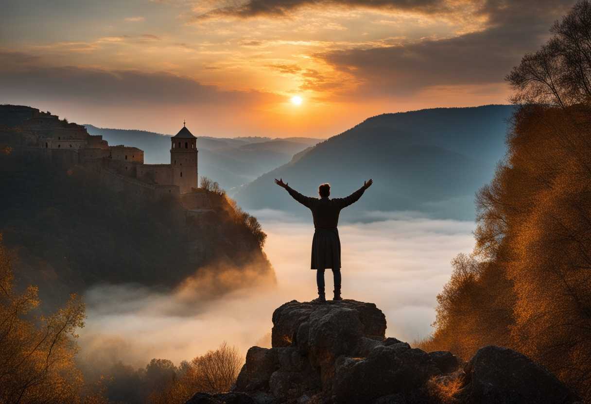 Person-stands-before-ancient-fortress-at-sunrise-arms-raised-in-gratitude-and-reverence_elku