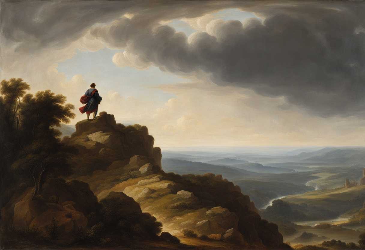 A-lone-figure-stands-on-a-rugged-cliff-wind-tousled-hair-gazing-at-vast-landscape_encb