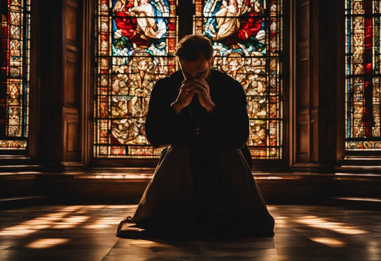 A-man-kneels-in-a-church-eyes-closed-hands-clasped-bathed-in-warm-stained-glass-light_bvve