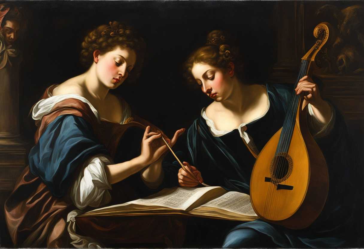 Two-musicians-in-a-dimly-lit-room-one-plucking-a-harp-delicately-the-other-strumming-a-lyre-passio_jcir