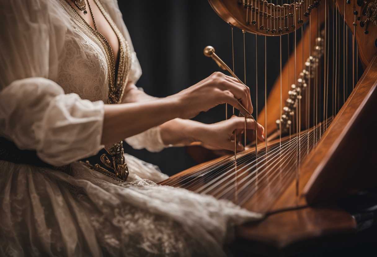 A-musician's-hands-plucking-strings-on-a-harp-and-lyre-creating-a-divine-visual-symphony_axin