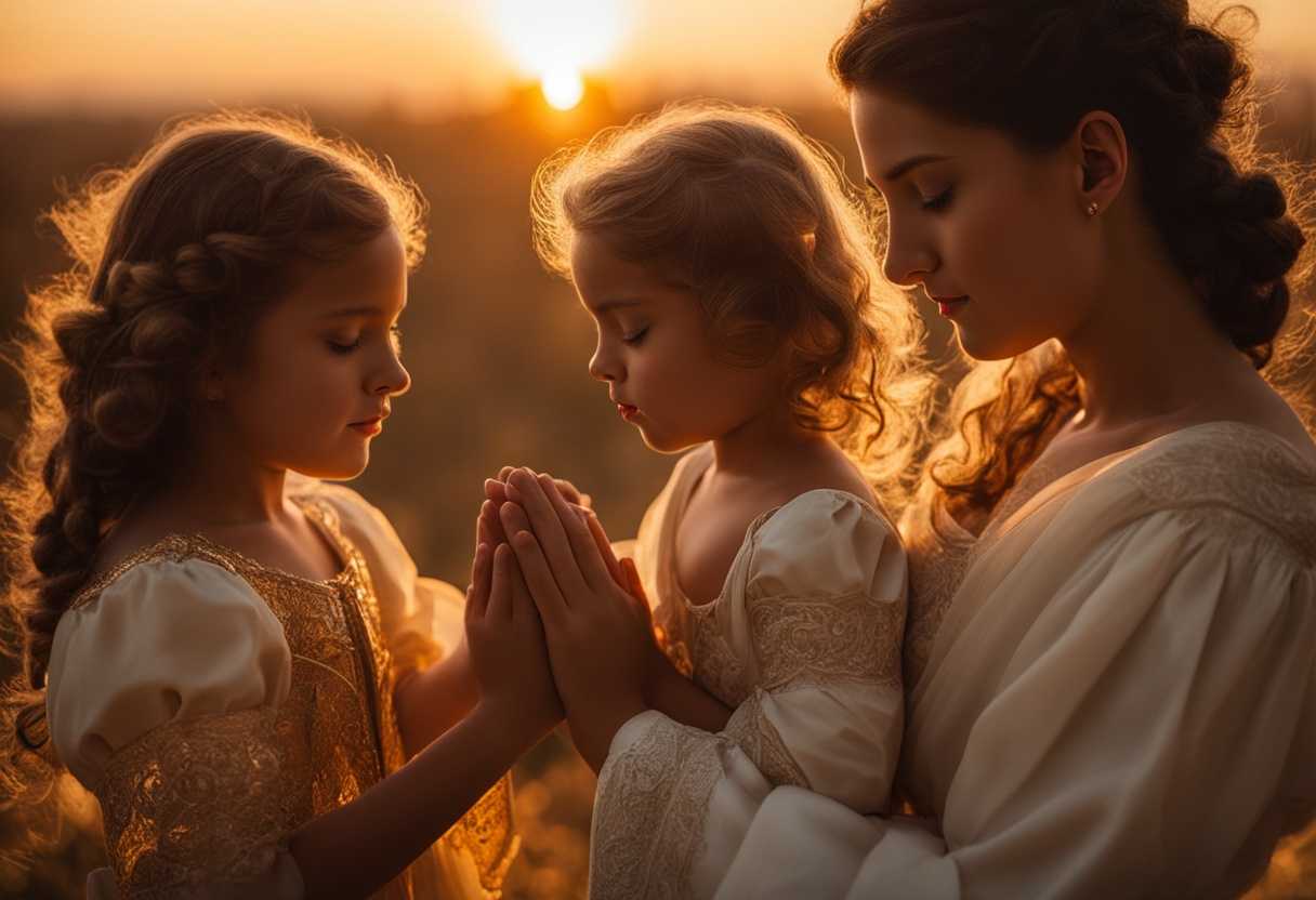 Family-holds-hands-in-prayer-at-sunset-bathed-in-golden-light-embodying-unity-and-tradition_jyto