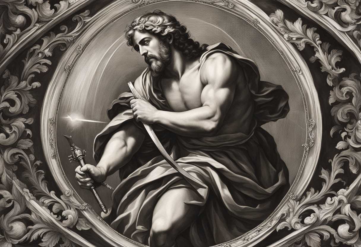 Man-kneels-before-God-shield-in-hand-repentant-and-humble-as-fiery-arrows-fly_rhwj