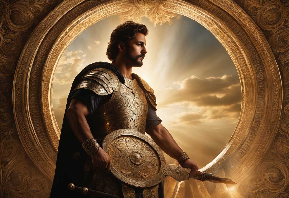 A-warrior-stands-in-a-beam-of-radiant-light-shield-adorned-with-intricate-designs_xlcj