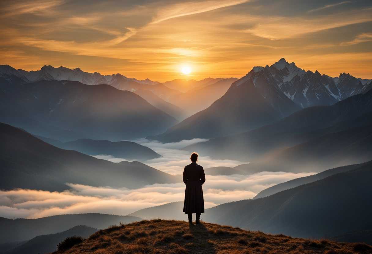 A-person-stands-in-awe-beneath-a-setting-sun-surrounded-by-towering-mountains-and-vast-sky_ygja