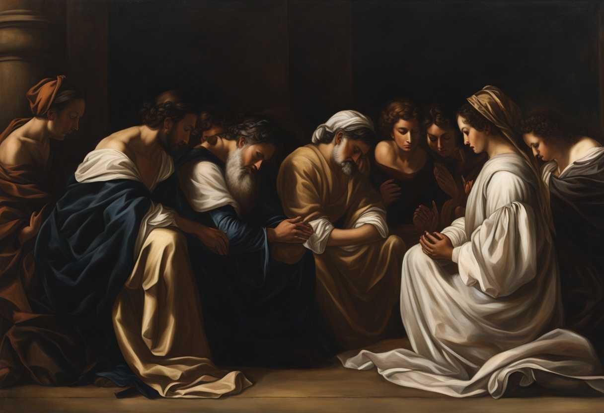 A-diverse-group-of-individuals-pray-together-seeking-solace-and-restoration-in-a-solemn-moment_nbsl