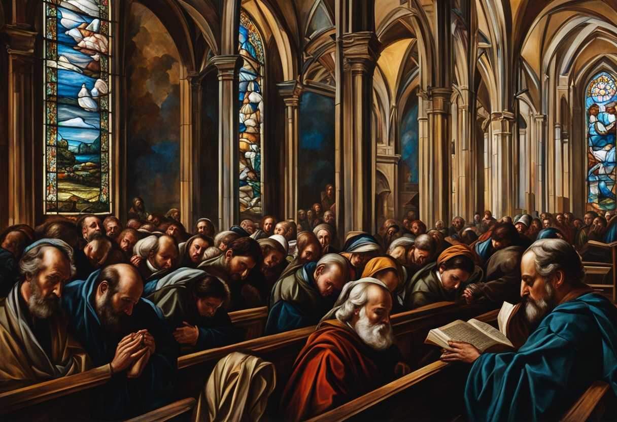 Congregation-in-a-church-stained-glass-light-heads-bowed-in-prayer-pastor-preaching-passionately_aobb