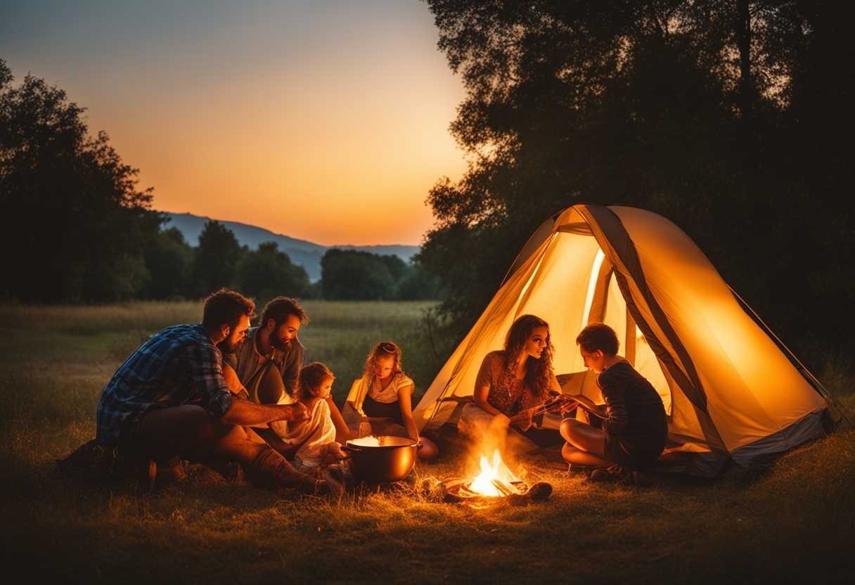 Family-camping-at-sunset-parents-cooking-kids-playing-tent-in-golden-light-togetherness_krgi