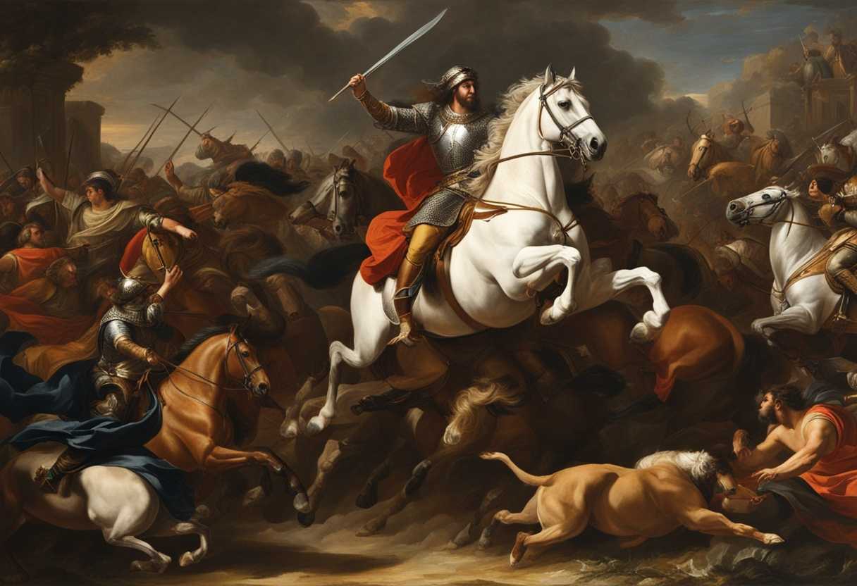 Epic-battle-scene-Beast-kings-armies-figure-on-horse-intense-confrontation-impending-conflict_qwei