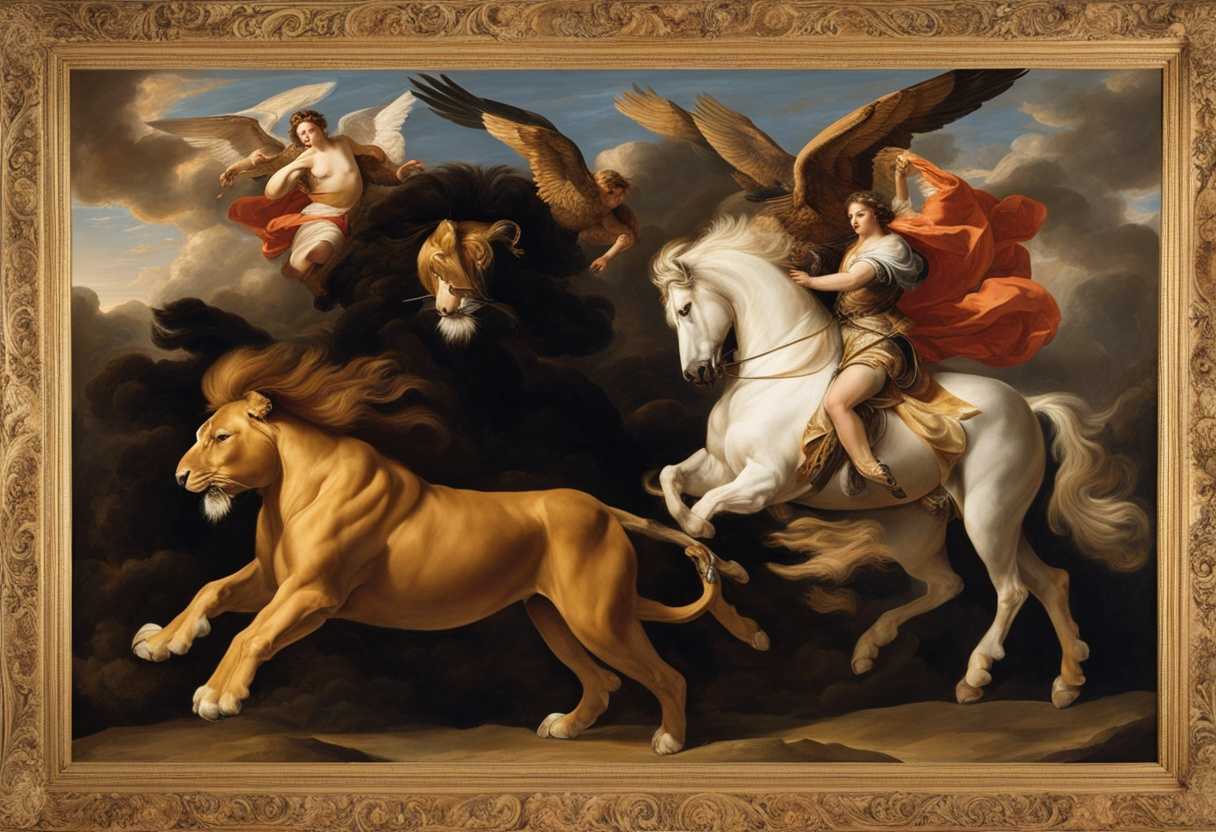 A-majestic-scene-lion-ox-man-eagle-in-flight-embodying-strength-intelligence-grace-unity_fwia