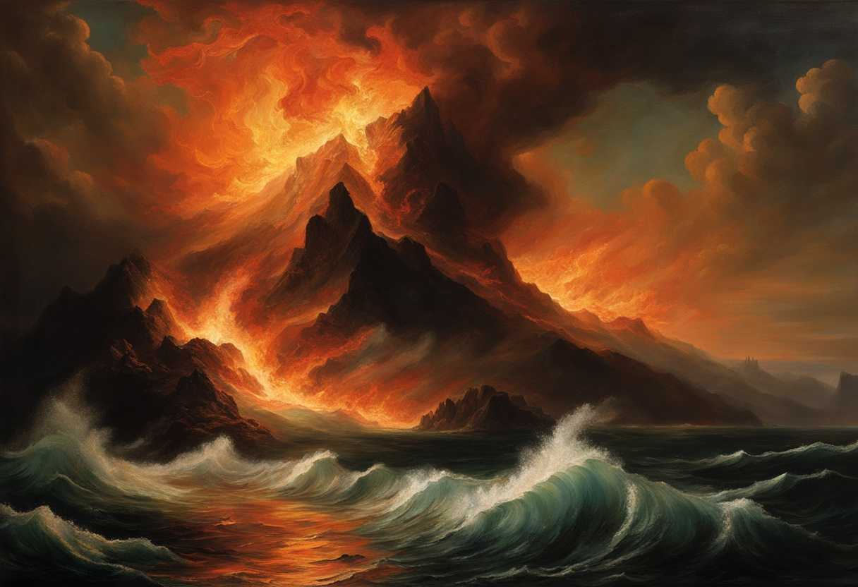 A-mountain-ablaze-crashes-into-the-sea-a-fiery-celestial-spectacle-of-intense-heat-and-energy_xpct