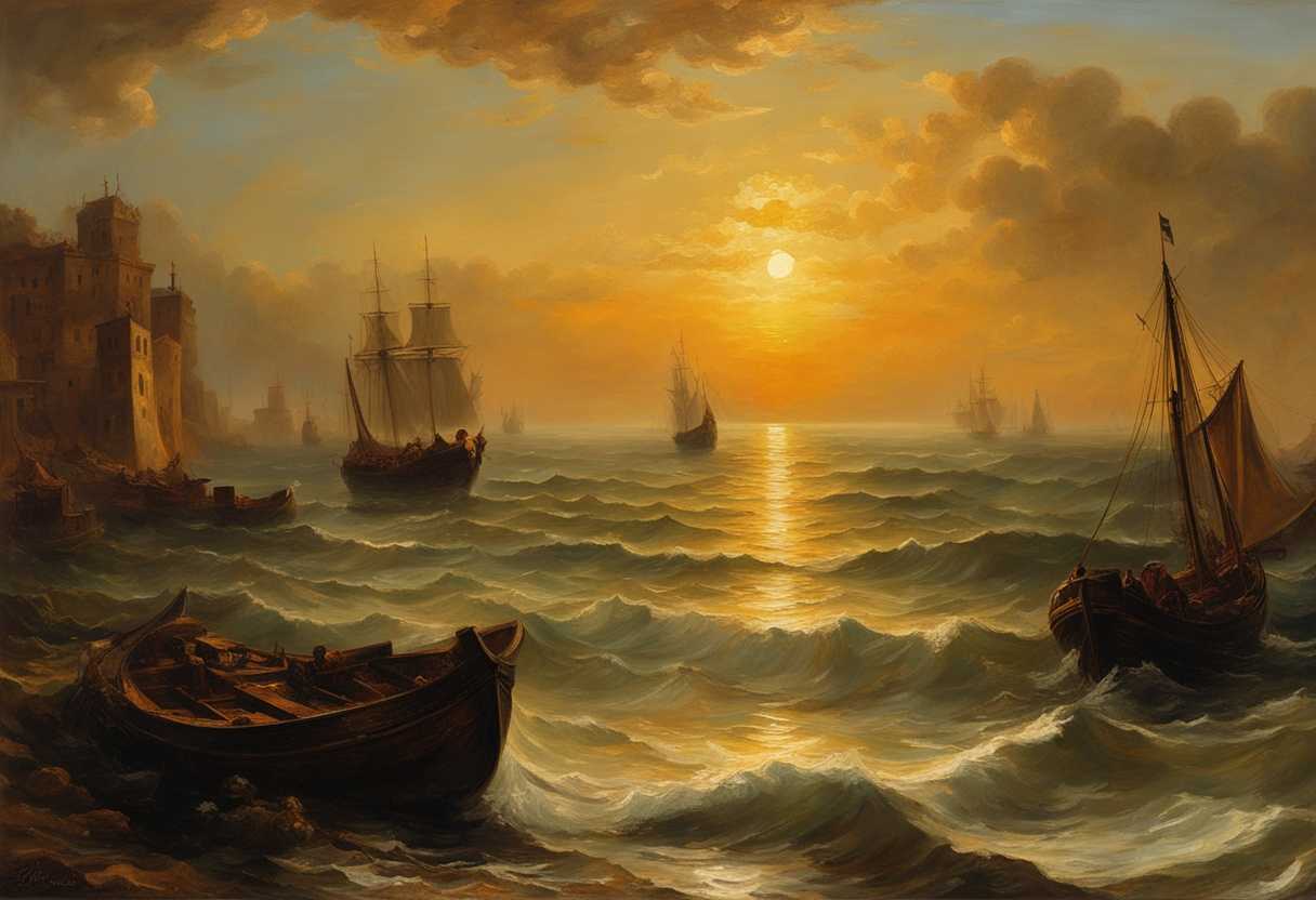 Golden-sunset-over-calm-sea-ships-on-horizon-remnants-of-destruction-hauntingly-beautiful-scene_wpvj