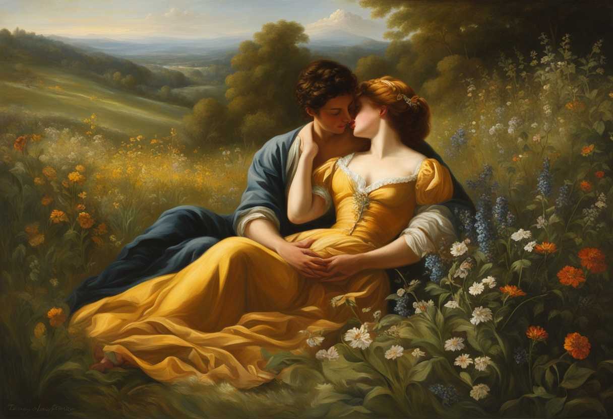 Couple-embraces-in-a-sunlit-meadow-surrounded-by-wildflowers-sharing-a-tender-moment_supe