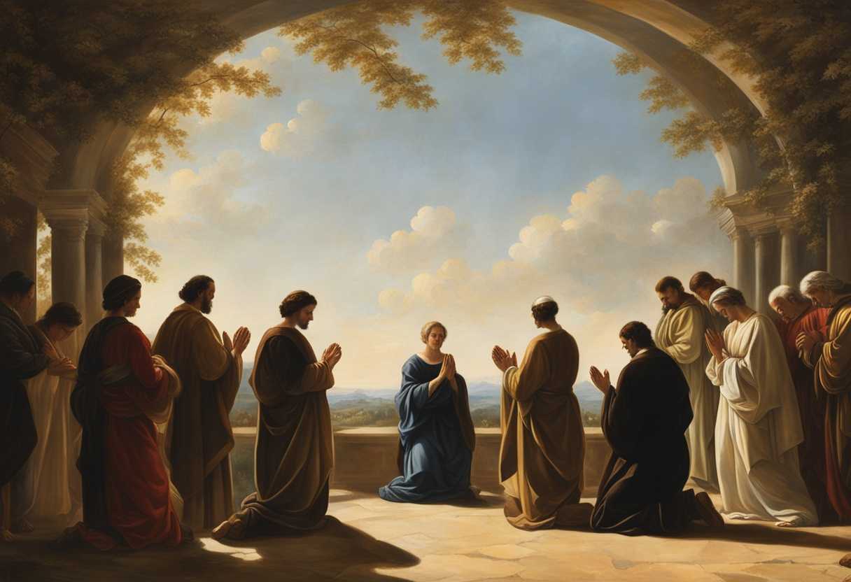 People-in-prayer-circle-under-sunlight-heads-bowed-hands-clasped-serene-nature-backdrop_bmto