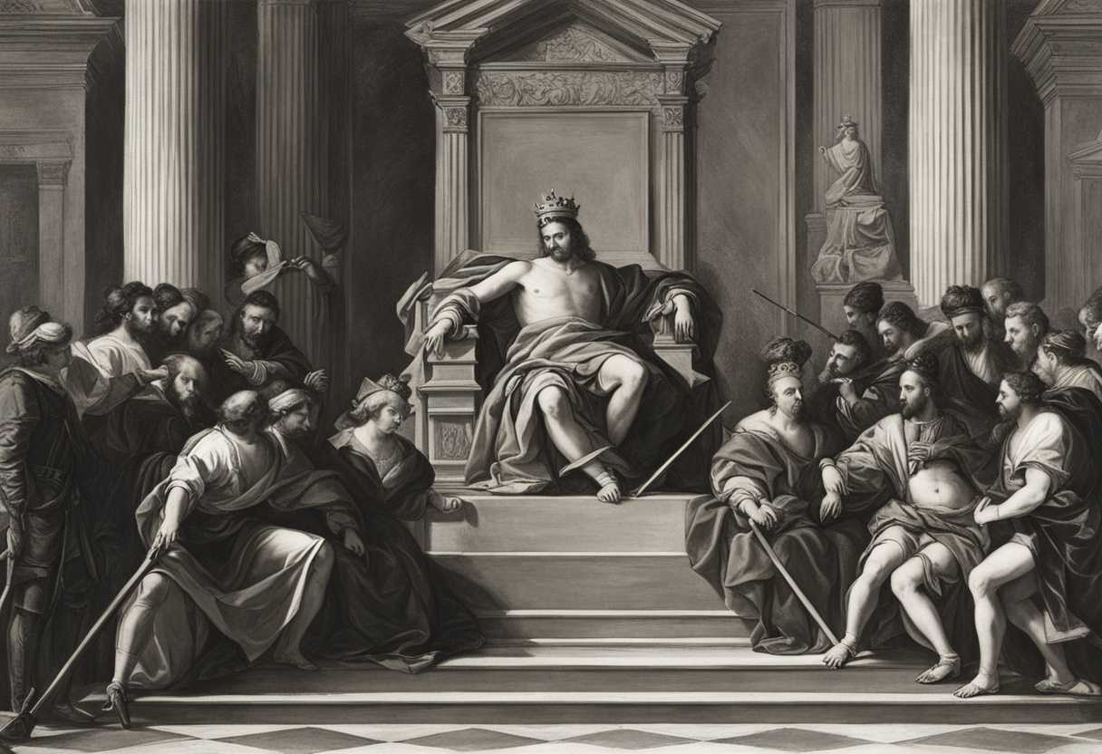 A-king-sitting-on-a-throne-surrounded-by-loyal-subjects-bowing-in-respect-and-obedience_lhqf