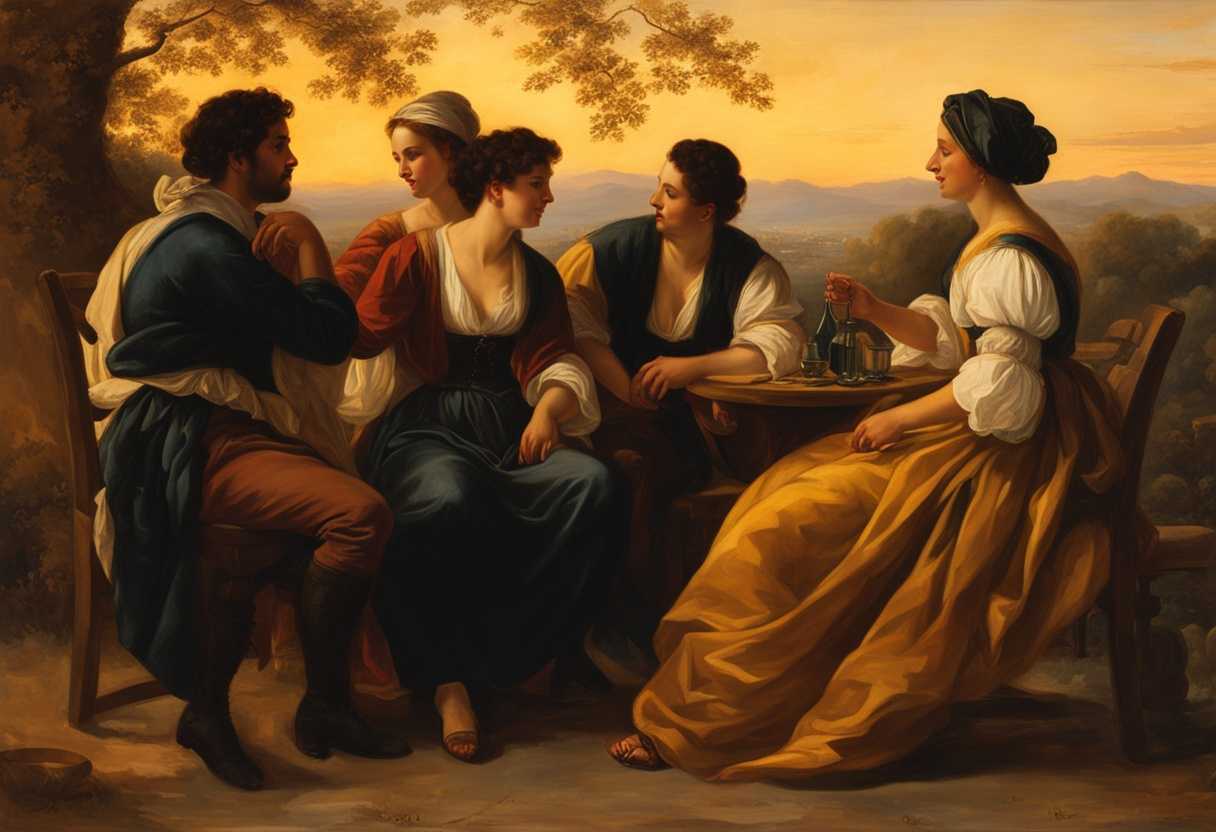 A-diverse-group-of-friends-chatting-in-the-golden-glow-of-sunset-showing-genuine-camaraderie_qmre