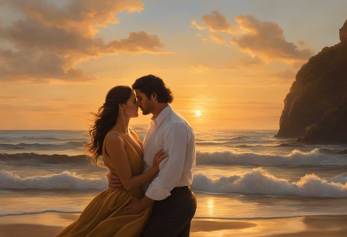 A-couple-embraces-on-a-tranquil-beach-at-sunset-bathed-in-golden-light-sharing-a-timeless-moment-o_ivzc