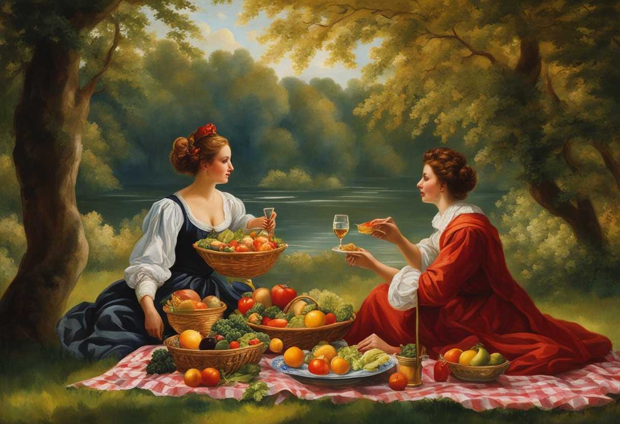 Two-people-at-a-picnic-one-with-a-colorful-plate-of-mixed-foods-the-other-savoring-vibrant-vegetab_umke