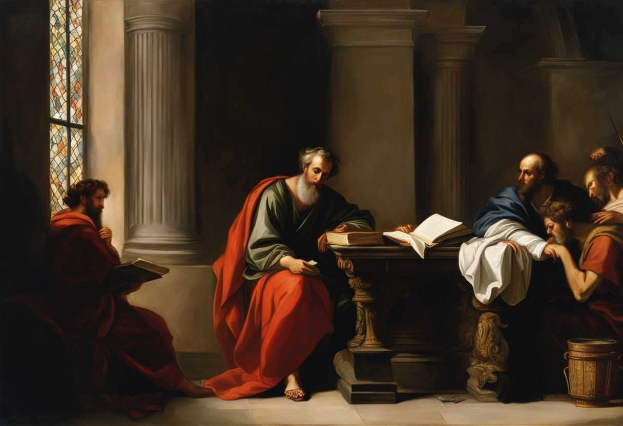 Apostle-Paul-pens-a-letter-to-Romans-deep-in-thought-readers-absorbed-in-wisdom_quhw
