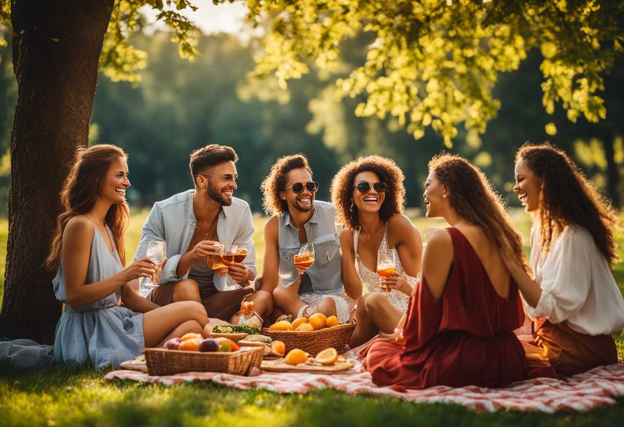 Friends-laughing-and-enjoying-a-sunny-picnic-in-the-park-surrounded-by-vibrant-food-and-drinks_izpc