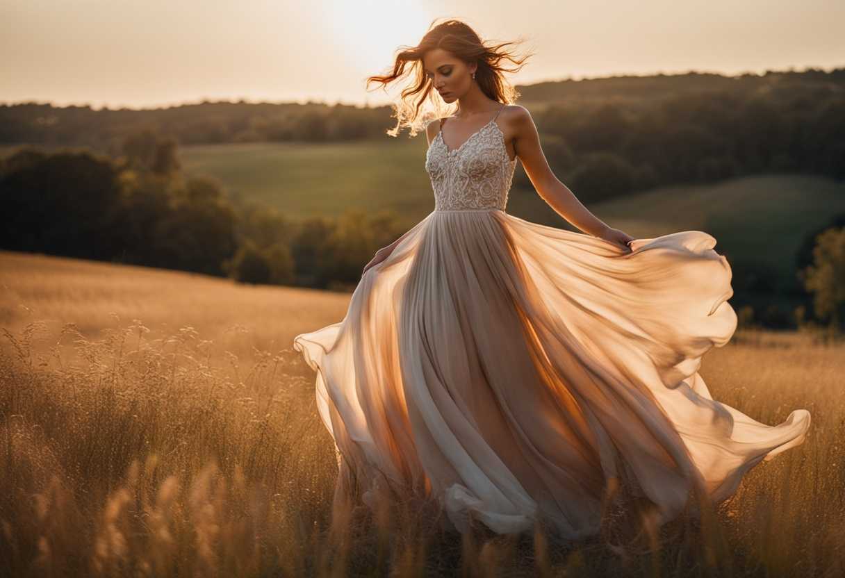 Photographer-captures-model-in-flowing-dress-in-sunlit-field-embodying-ethereal-beauty-and-tranquil_fidd