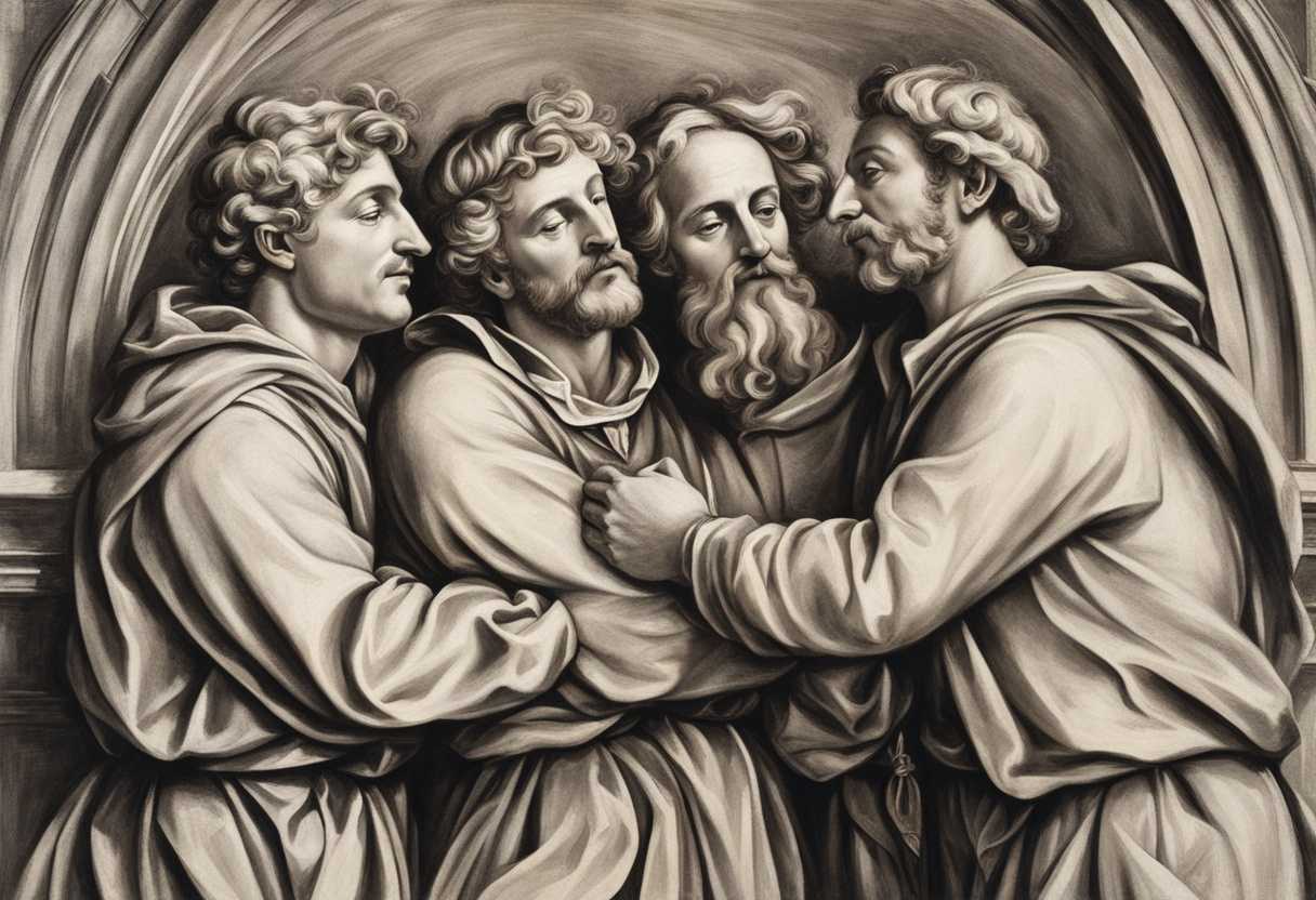 Three-men-embrace-warmly-in-church-exchanging-greetings-and-smiles-embodying-hospitality-authorit_aytt