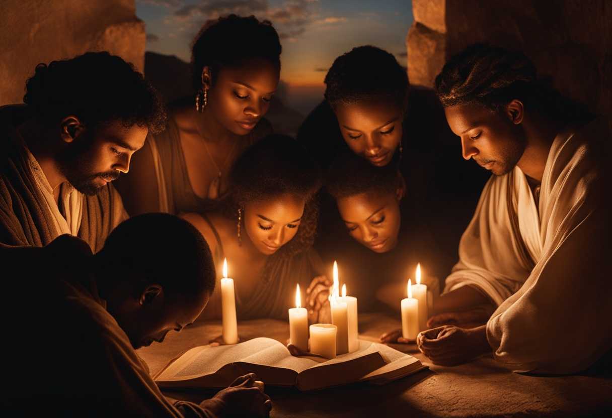 A-diverse-group-prays-together-at-sunset-bathed-in-warm-light-radiating-unity-and-peace_akuy