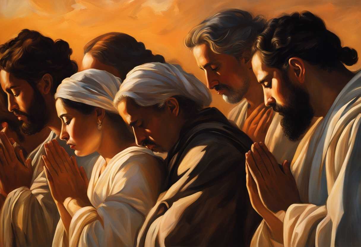 A-diverse-group-of-people-heads-bowed-in-prayer-bathed-in-warm-sunset-glow_qddj