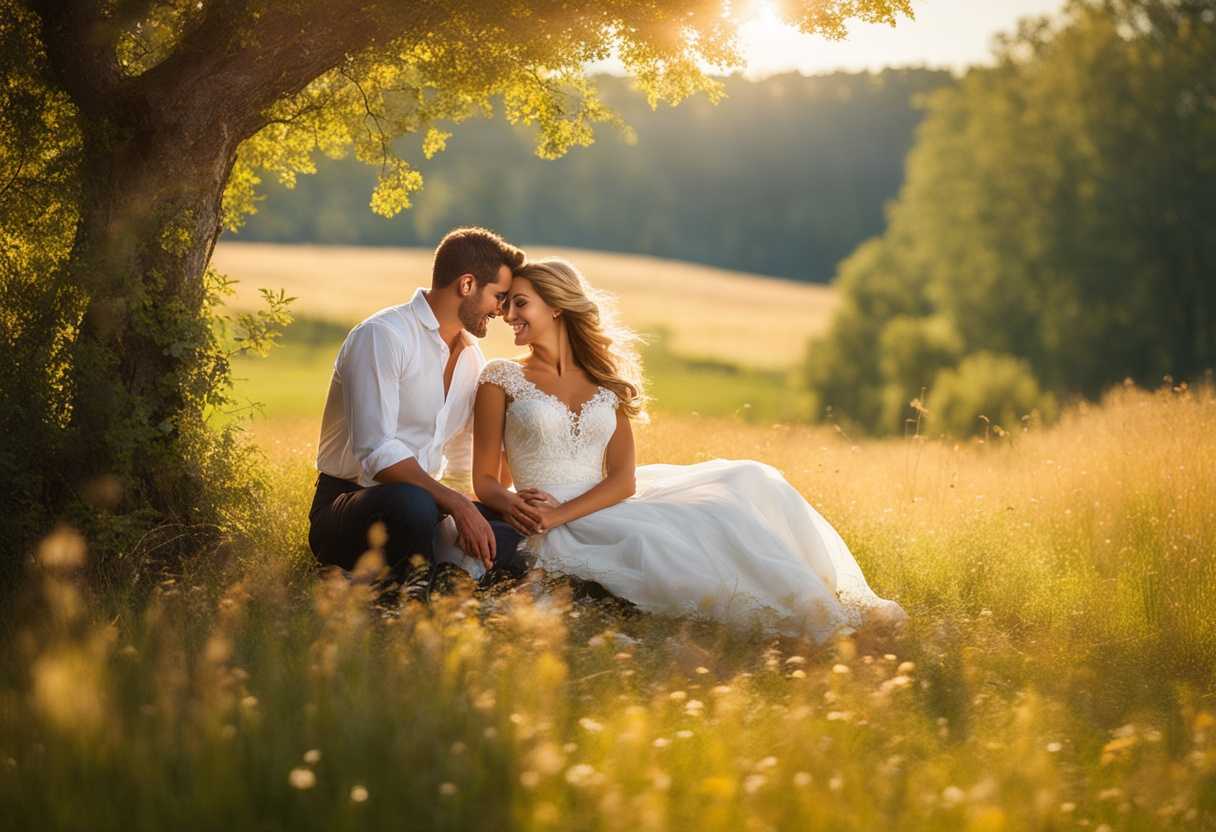 Couple-in-sunlit-meadow-sharing-tender-smiles-surrounded-by-vibrant-nature-embodying-timeless-lov_weci