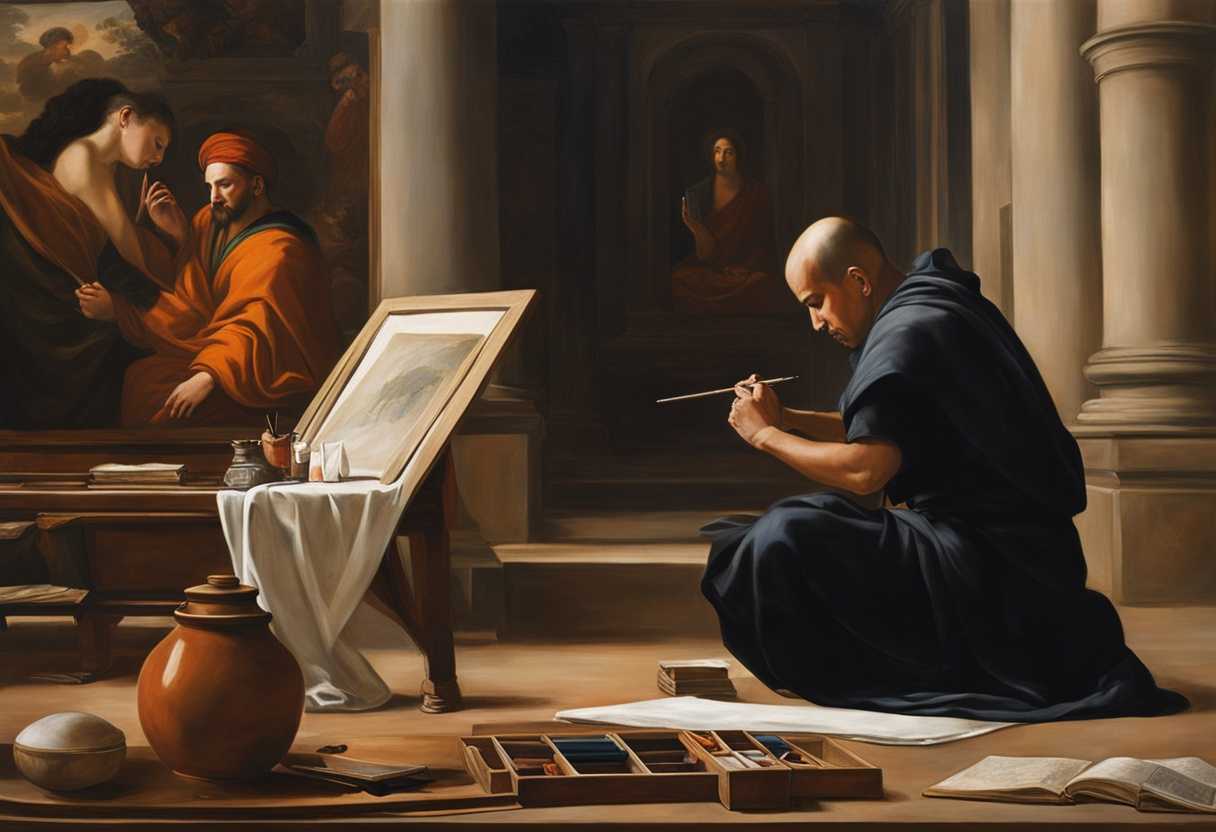 A-painter-meticulously-creates-a-masterpiece-while-a-monk-peacefully-meditates-in-the-background_ypse